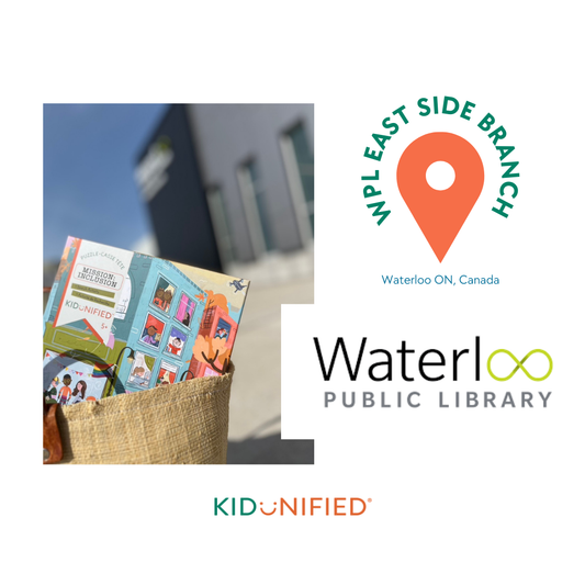 Logo of Waterloo Public Library with photo of Kidunified's most inclusive puzzle for kids in a tote bag with the library's east side branch in the background.