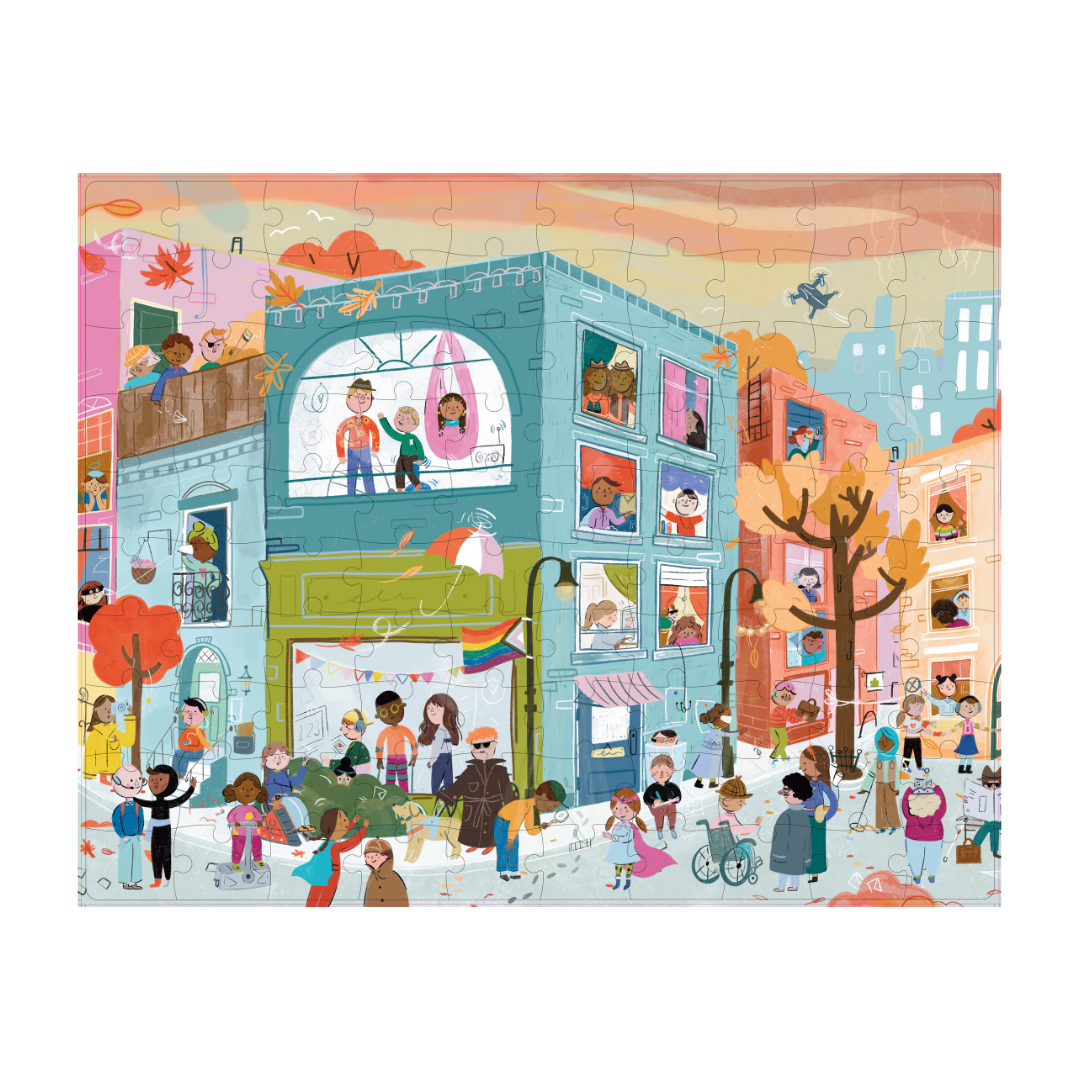 A completed puzzle depicting a colorful, busy outdoor urban scene with various kids engaged in different activities around buildings.
