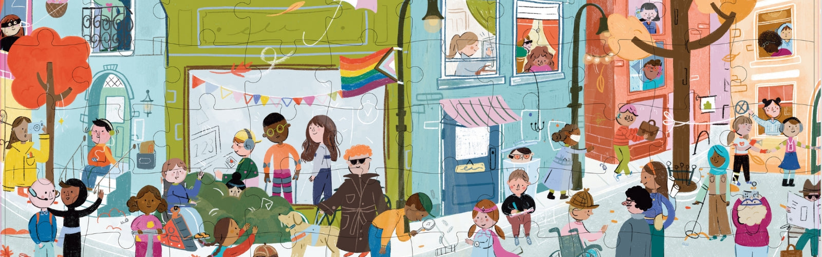 A portion of a completed puzzle depicting a colorful, busy outdoor urban scene with various children engaged in different activities around buildings.