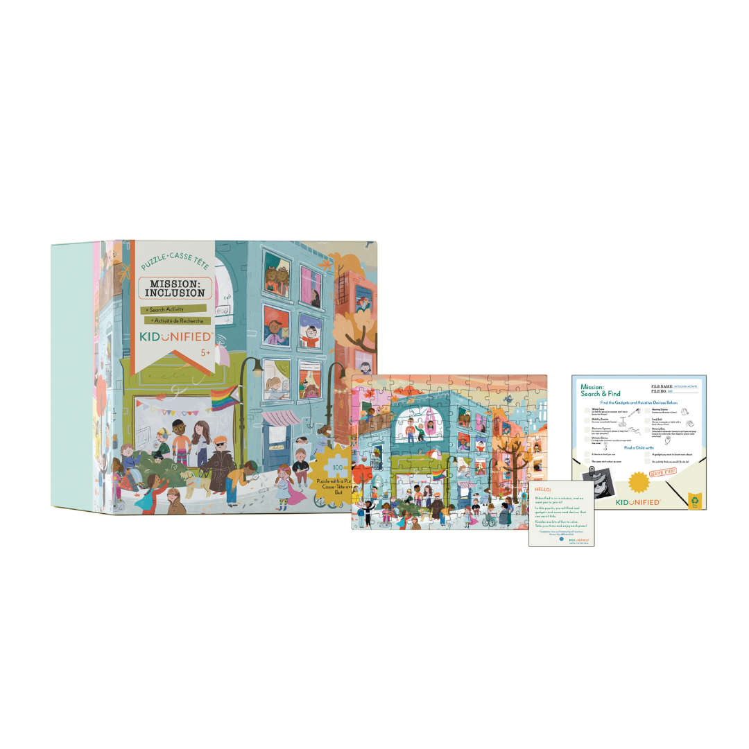 Illustrated board game box with colorful building and diverse characters. Includes puzzle and informational card.